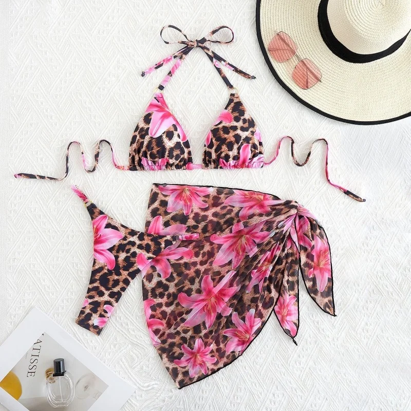 Mode Druck Bikini Set Bademode Frauen 3 Stück Sexy Halter Dreieck Bikini Push-Up Bandage Cover Up 2025 Neue Split Badeanzug