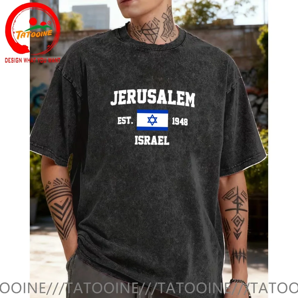 

Vintage Washed Cotton T-Shirt Patriotic Flag Israel EST.1948 Jerusalem T Shirt for Men Fashion Trendy Casual Clothing