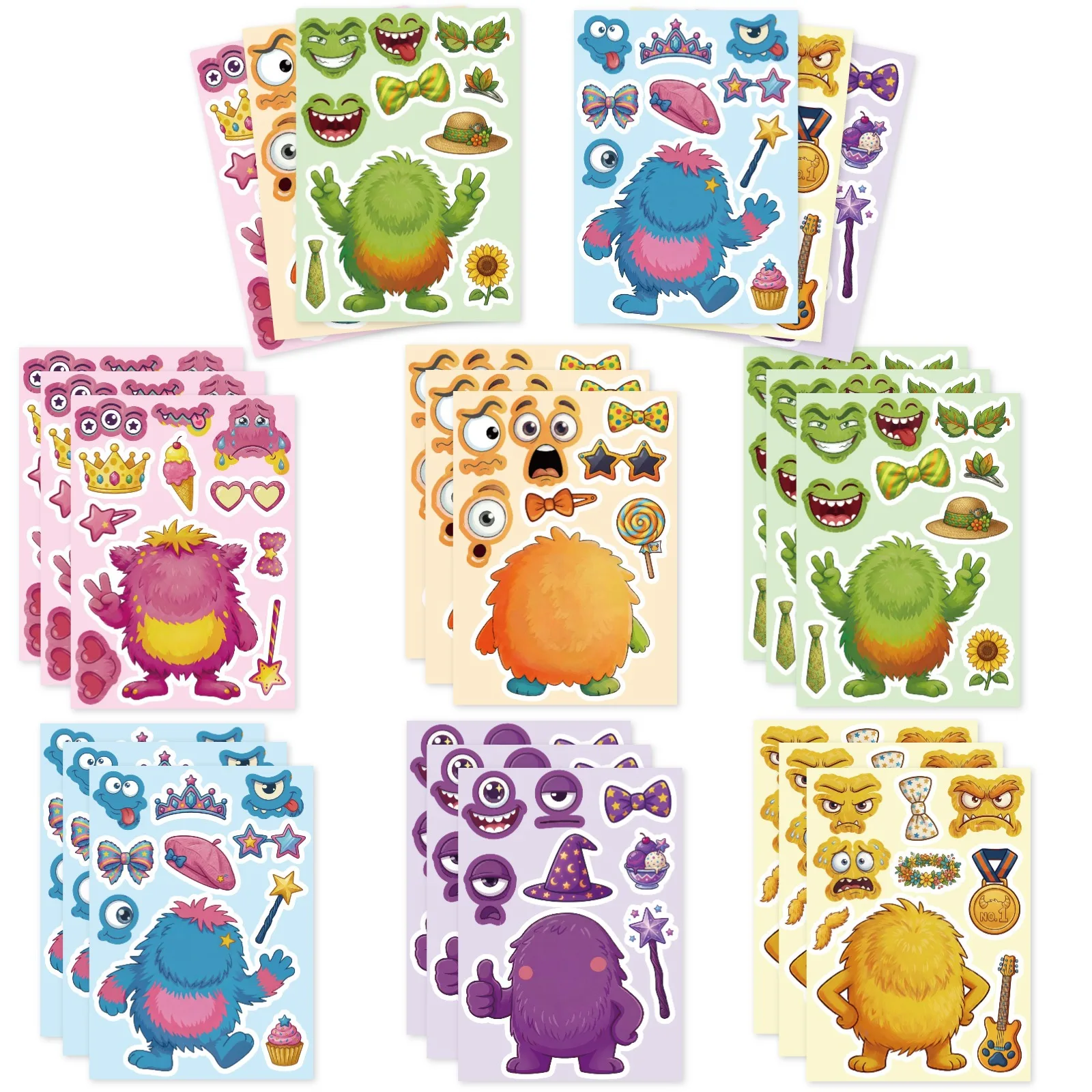 6 Pack Make a Face Stickers Cute Cartoon Colorful Monster DIY Collage Waterproof Decals forStationery Gift
