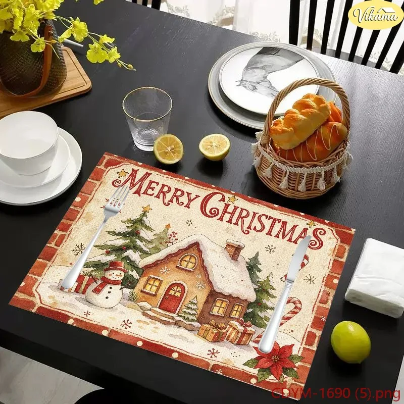 VIKAMA Christmas Placemats Vintage Fireplace Stocking Xmas Tree Gift Snowflake Washable Mat Winter Holiday Kitchen Decor