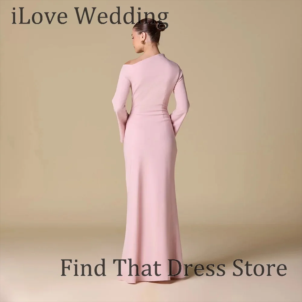 Simple Pink Long Sleeve Sheath Maxi Length Evening Dress Pleated Bridesmaid Party Gown Custom Made Vestidos de