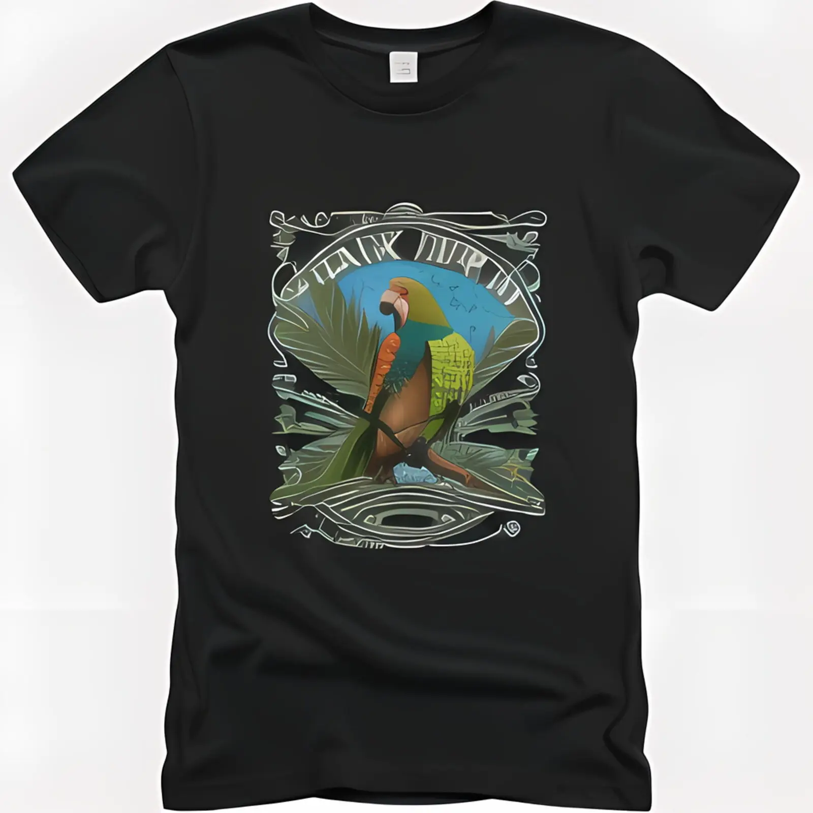 Art Parrot T-Shirt with Tropical Elements and White Line Borders