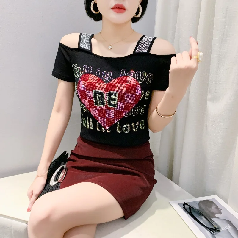 Chic Off Shoulder Women Mesh T Shirt Designer Fashion Letter Hot Diamonds Female Short Sleeve Woman Tee Shirts Summer Top