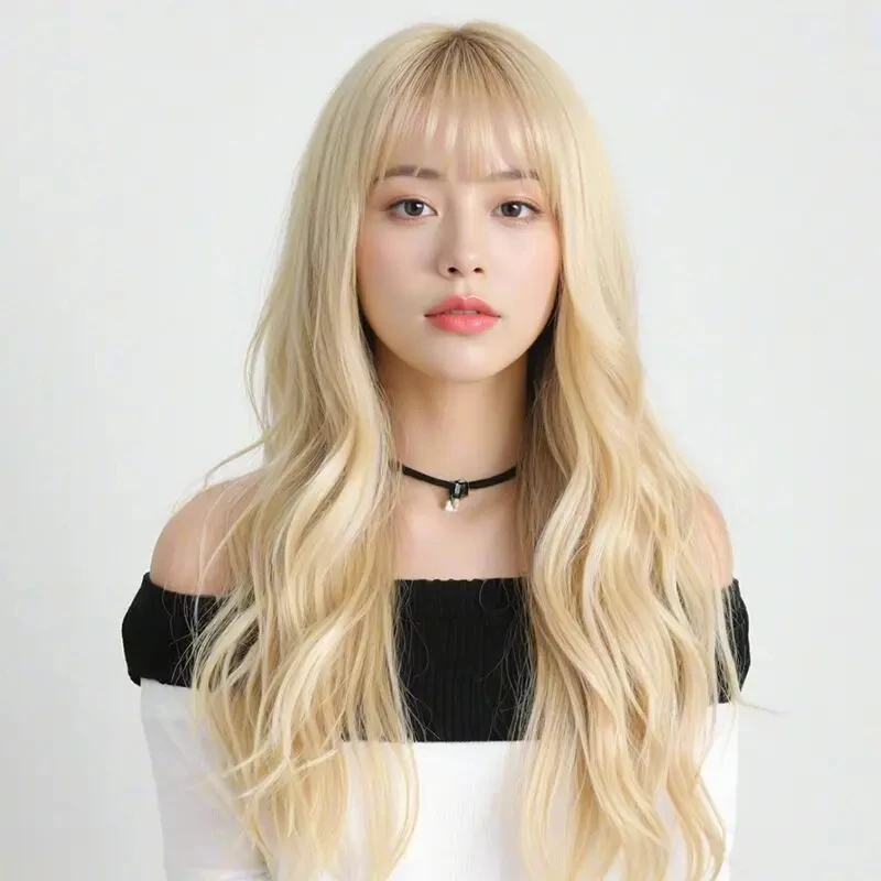 Golden wavy front fringe synthetic wig, Halloween party cosplay wig, everyday wig, hot wire wig headband