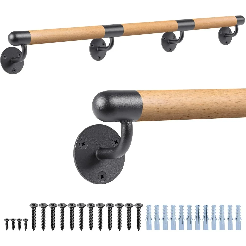 

100 Inch Wood Indoor Stairs Wall Mount Handrail w/Sturdy Metal Barckets, Non-Slip and Comfortable Handrail Barrier-Free