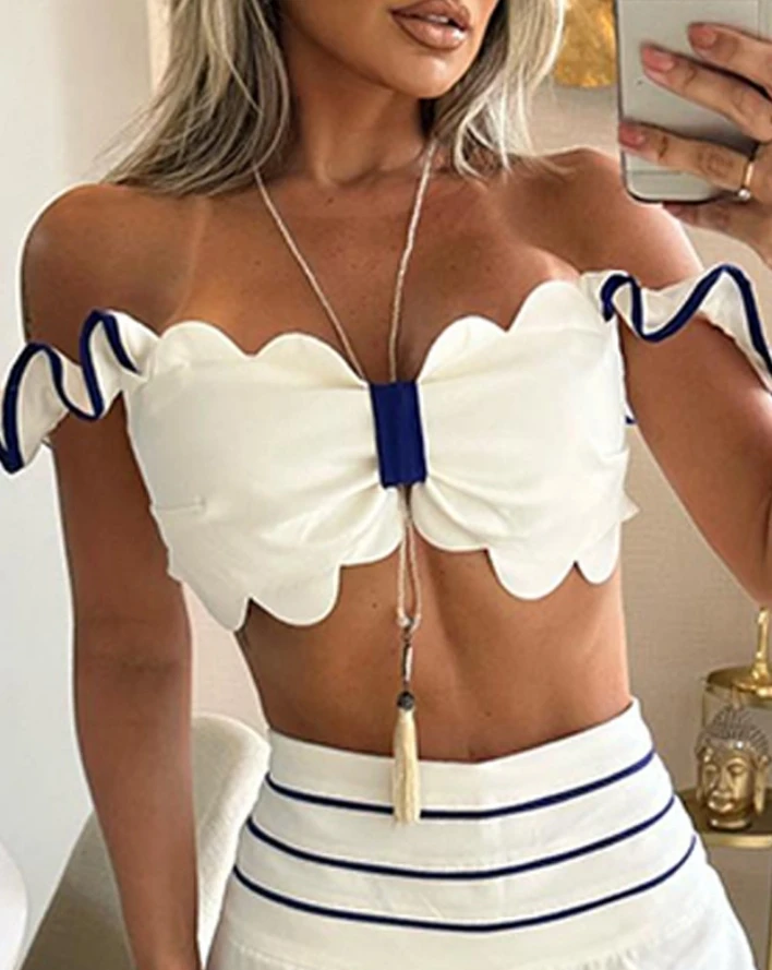 New 2024 Scallop Trim Off Shoulder Top & Striped Wide Leg Pants Set Off Shoulder Lace Top Solid Color Elegant Wide Leg Pants Set