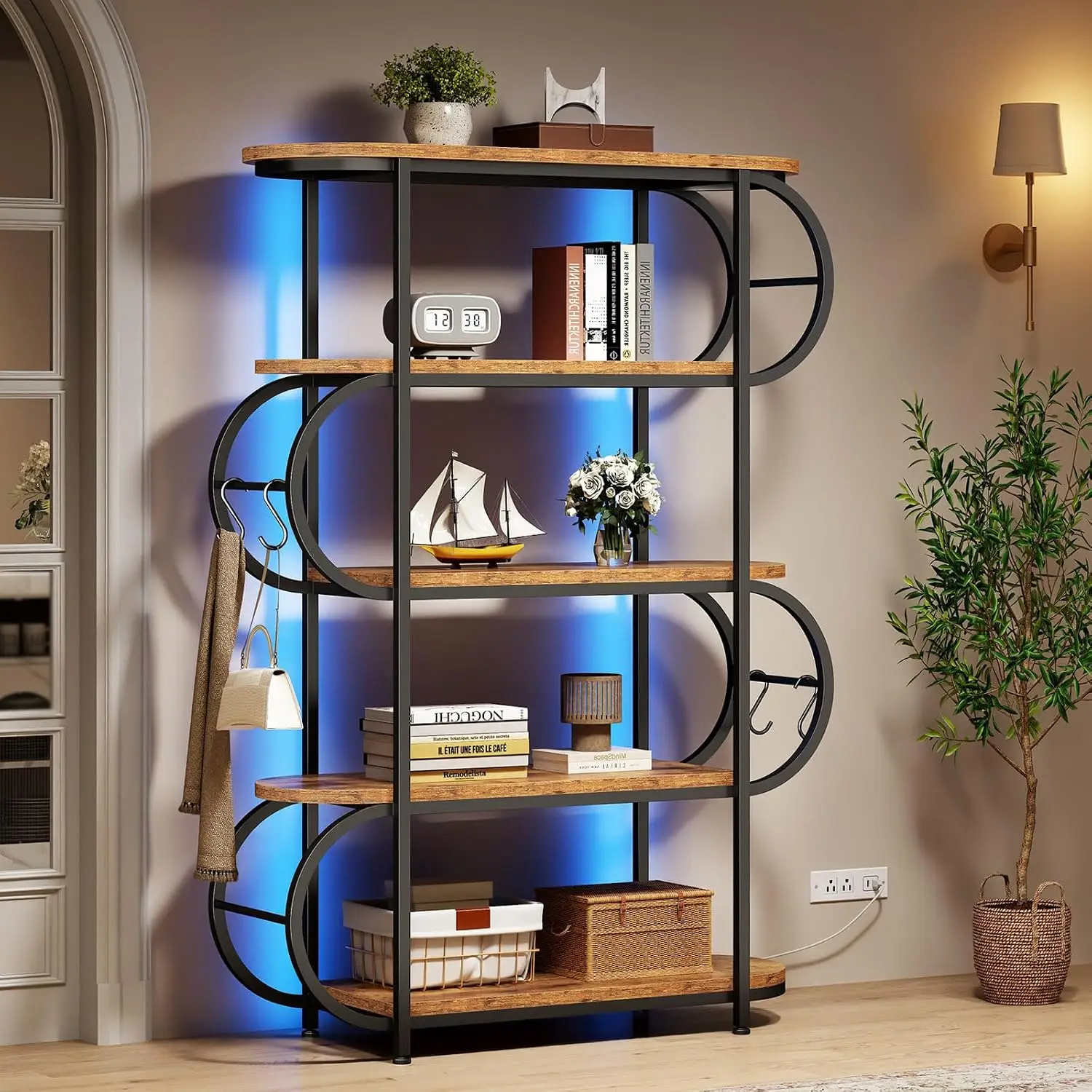 5 Tier Bookshelf with LED Light & Hooks, Rustic Brown Office Storage, Customized