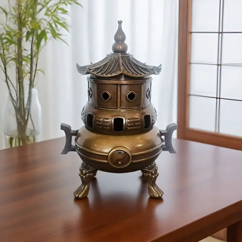 Brass , tower-shaped , eight-trigram burner, household incense holder, bronze sculpture for