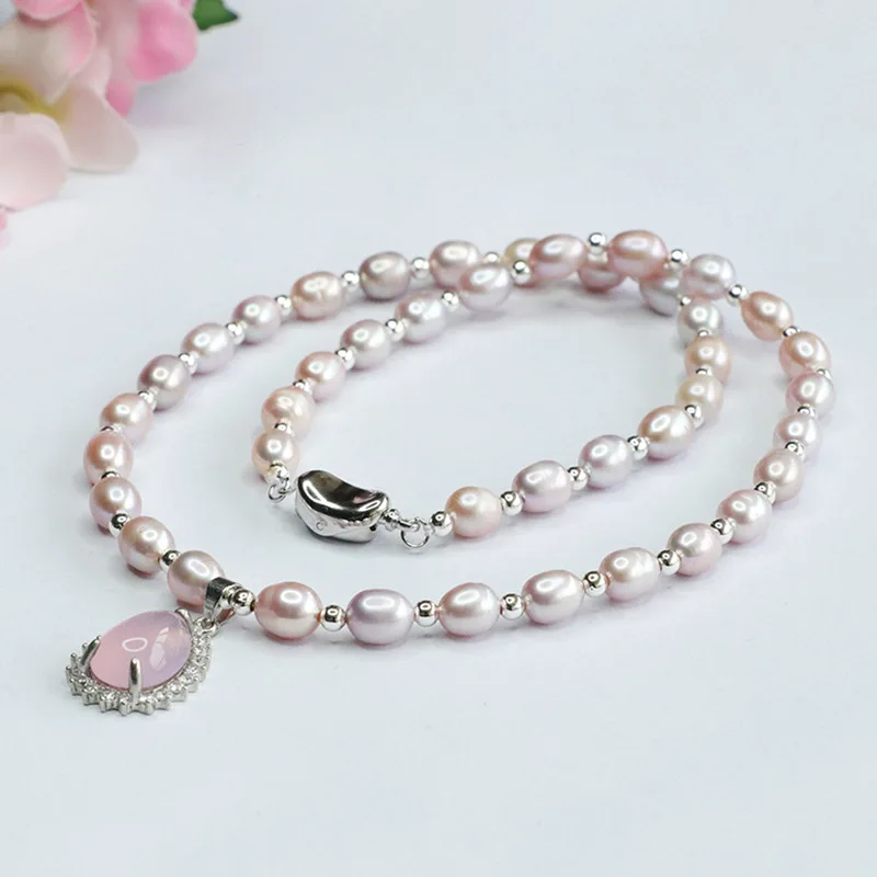 

Natural Freshwater Pearl Necklace Pink Purple Rice Pearl Chalcedony Necklace