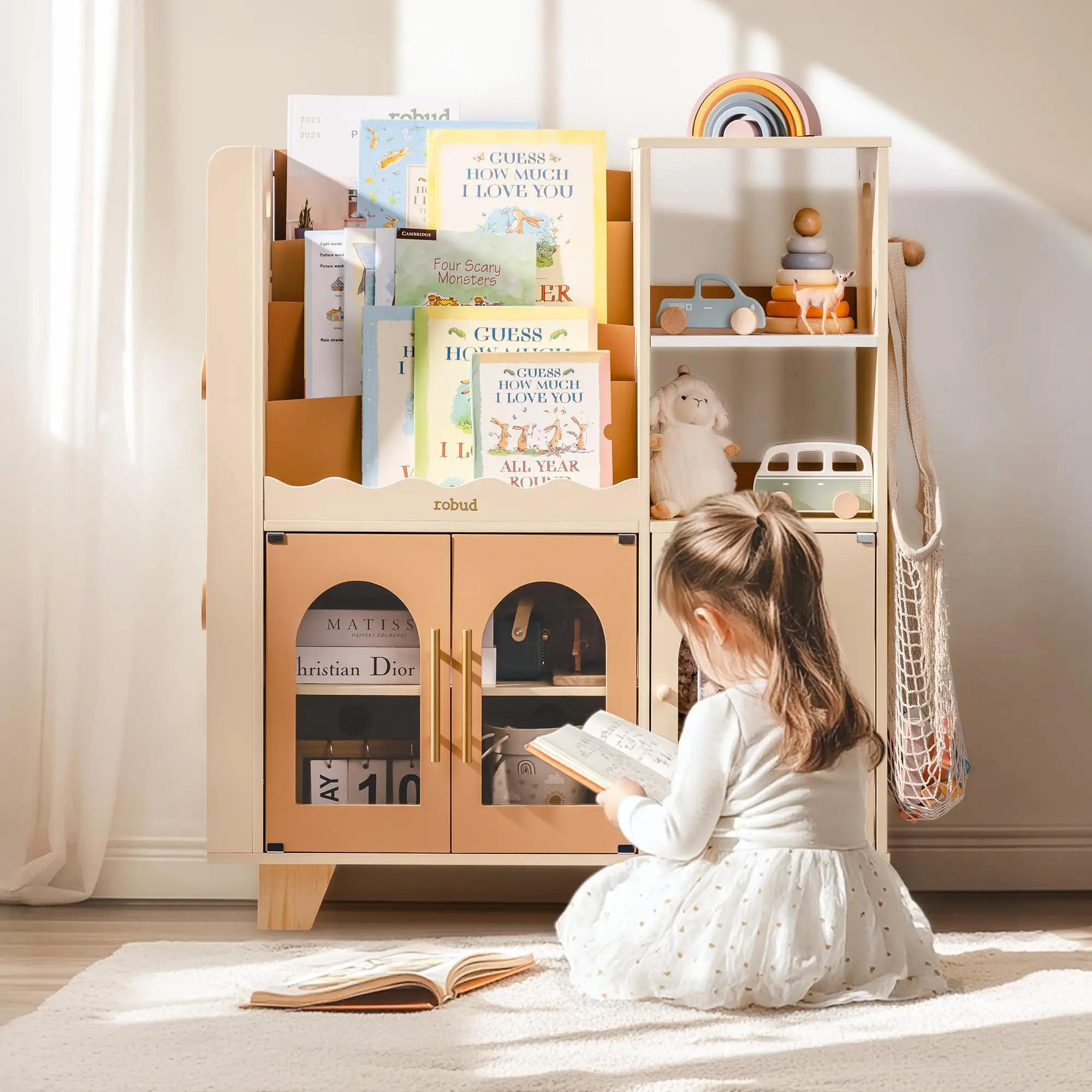 ROBOTIME ROBUD Houten boekenplank voor kinderen met opbergruimte Montessori-boekenplank Kinderboekenkast Speelgoedopslag Boekenplank voor peuters