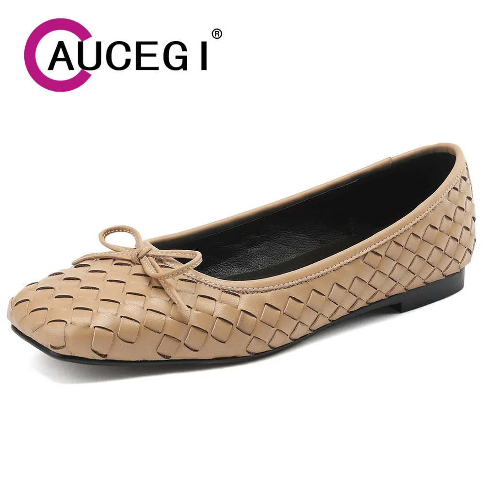 

Aucegi Spring Summer Women Bowknot Flats Heels Concise Elegant Square Toe Genuine Leather Woven Office Lady Casual Comfort Shoes