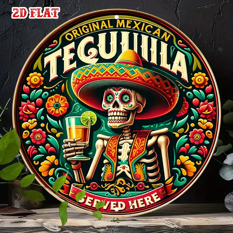 Décoration murale en métal 2D, 1 pièce, style vintage mexicain Jour des Morts, motif squelette et bouteille de Tequila, couleurs vives pour la maison