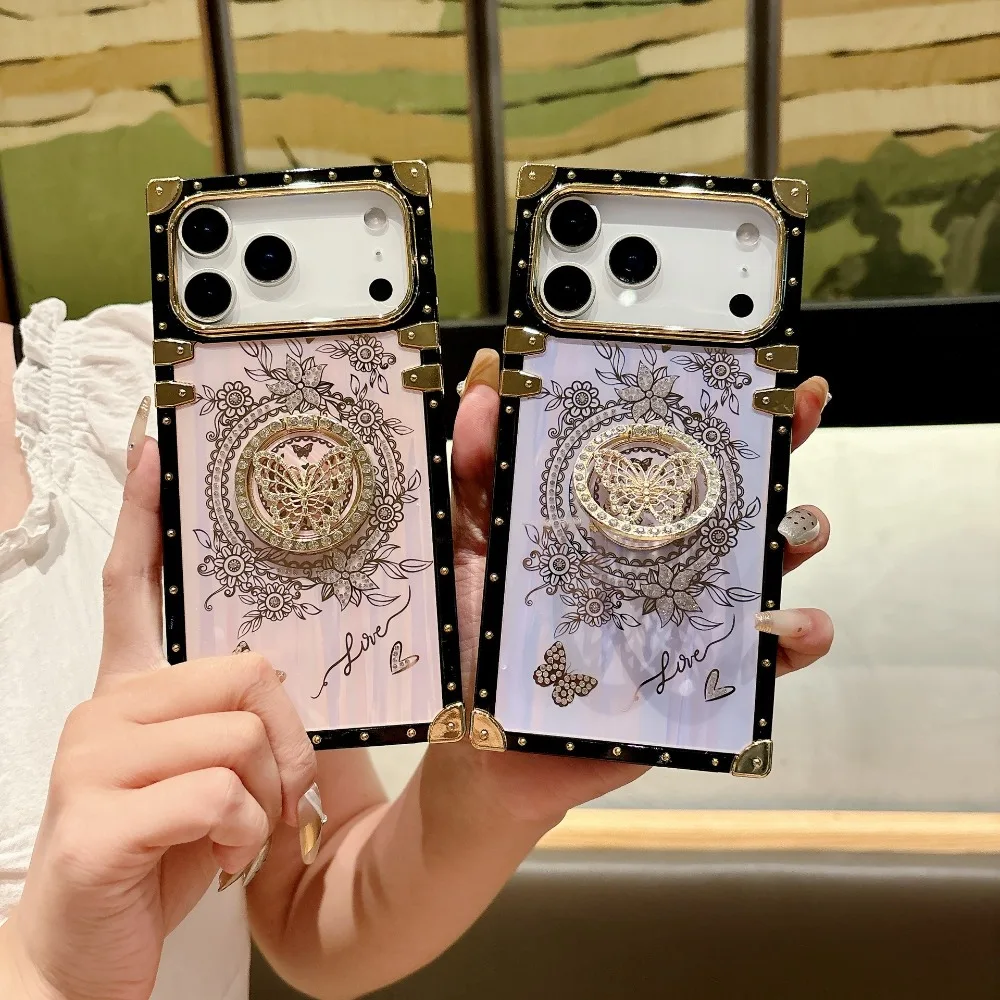 Luxus Bling Glitter Aurora Schmetterling Halter Ständer Quadratischen Rahmen Telefon Fall Für iPhone 17 Air 16 15 14 Plus 13 12 11 Pro Max