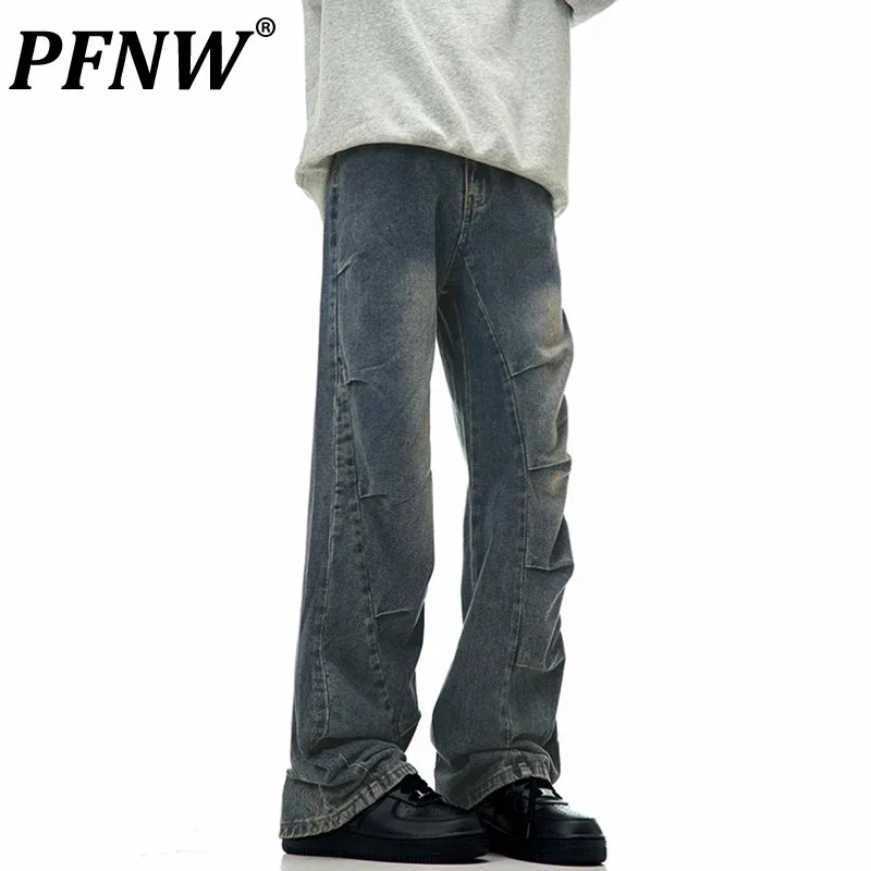 

PFNW American Asymmetrical Pleasted Jeans Male Vintage Niche Denim Pants Loose Straight Trousers 2024 Autumn Chic New 28W4100