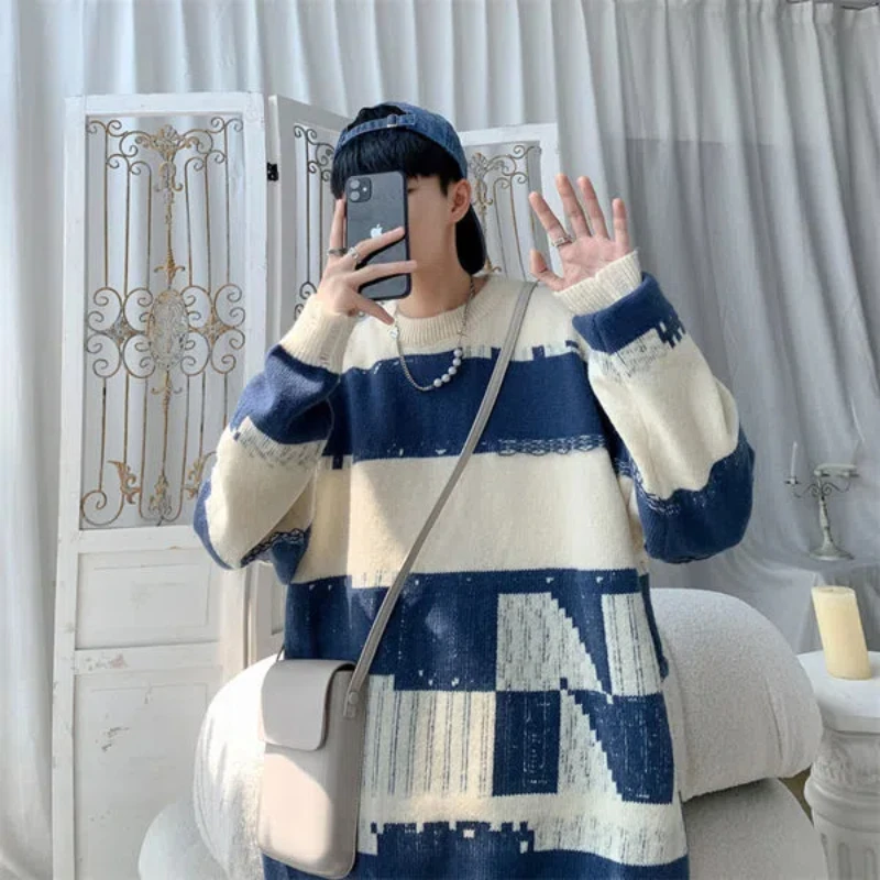 Striped Sweater for Men with a Niche Design Knitted Sweater with a High-end Feel Japanese Lazy Style Loose Fitting Sweater