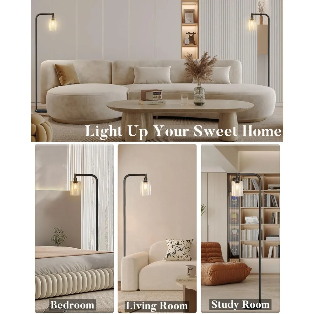 مصباح أرضي صناعي Lightdot 63 بوصة، مصابيح قائمة حديثة سوداء مع عاكس الضوء الزجاجي الشفاف، مصباح أرضي للمزرعة لغرفة المعيشة