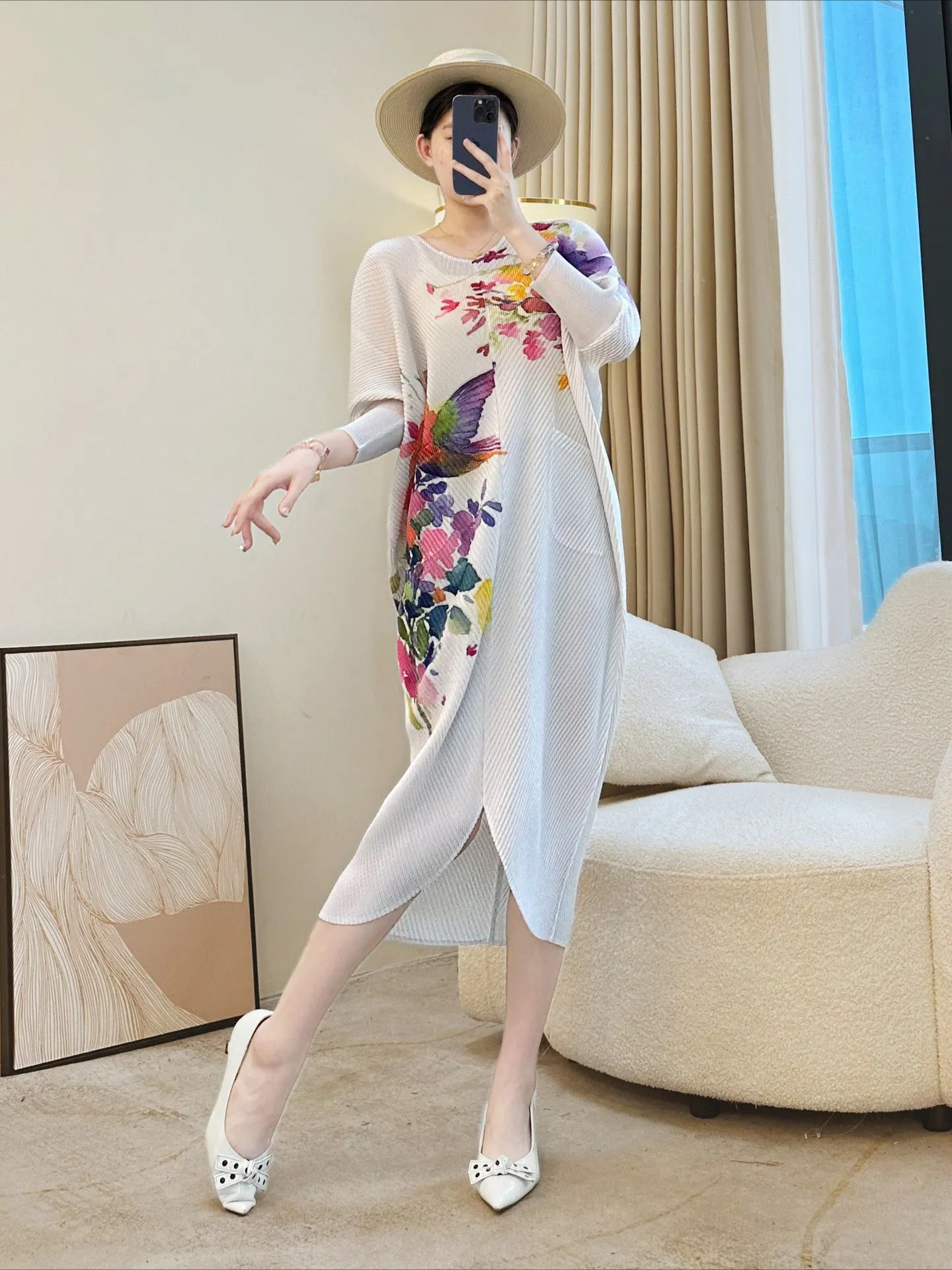 여성용 플리츠 미디 드레스 - 블루 페이즐리 프린트 3/4 소매, 여성 보헤미안 플리츠 드레스 2025 신상품 - 캐주얼 파티웨어