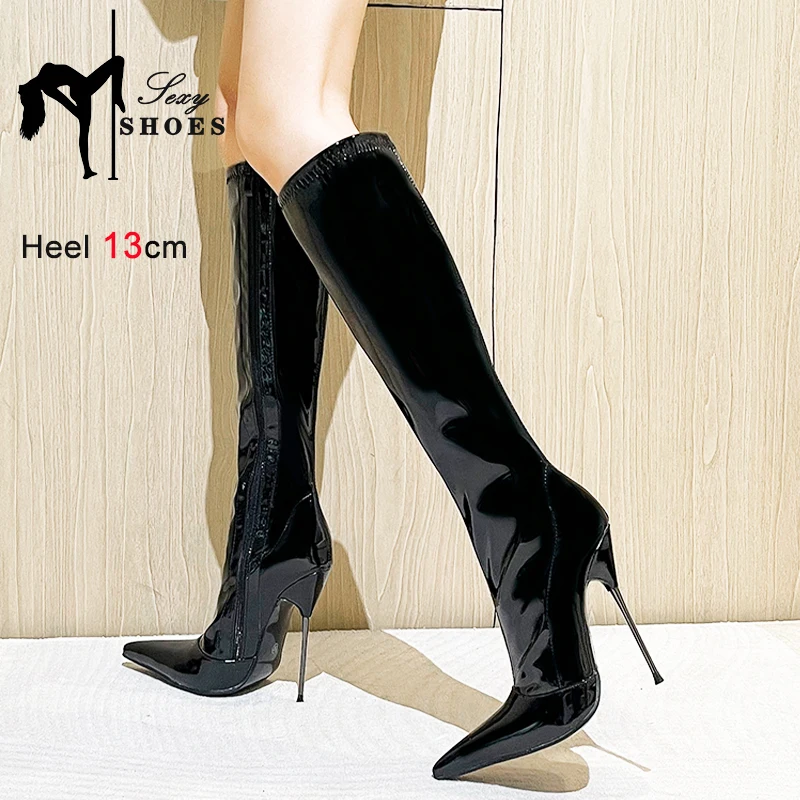 Knee-High Modern Boots Pointy Toe Women Shoes 13cm Ultra Thin Steel High Heels Metal Heel Calf Boots for Women Fun Shoes Size 46