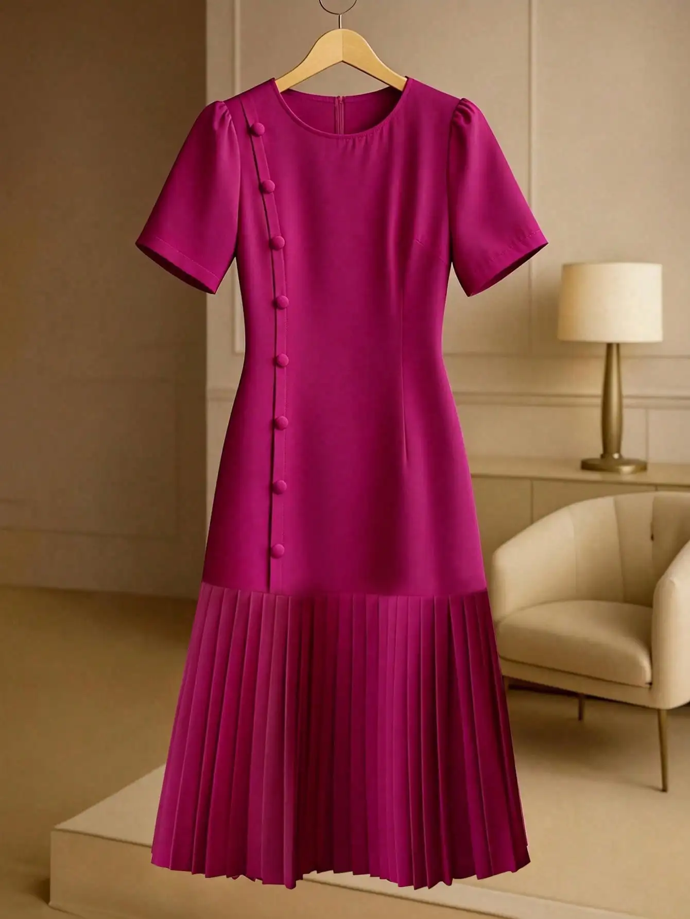 

Magenta Solid Pleated A-Line Dress with Button Detail and Round Neck