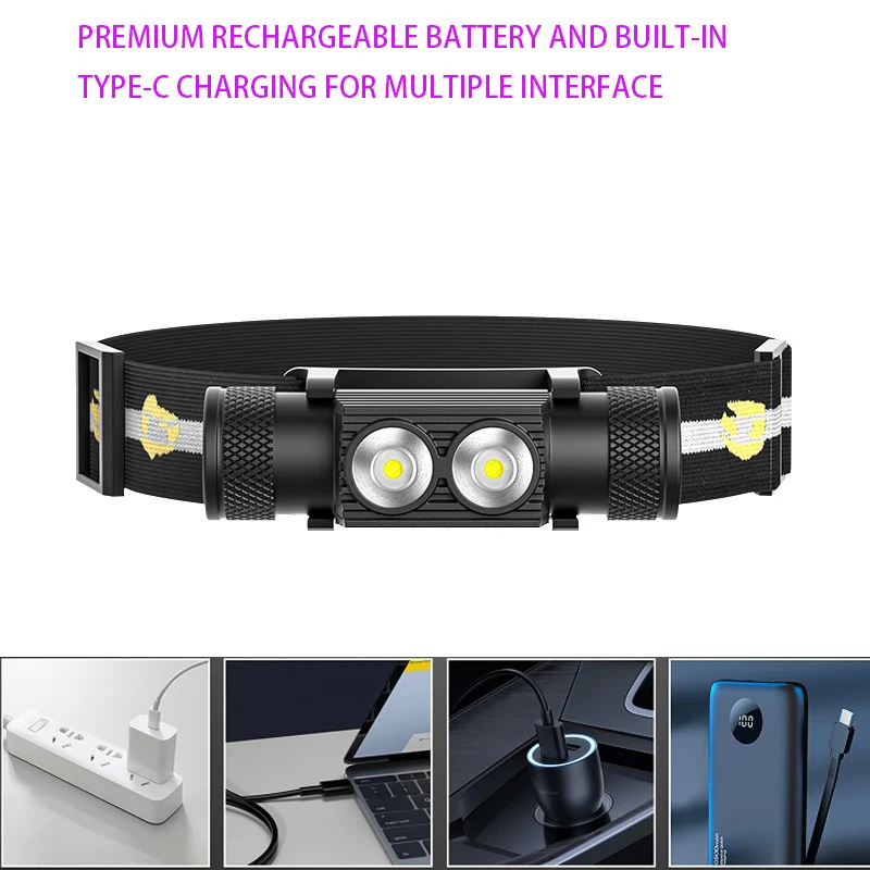 LED Headlamp Fishing Strong Waterproof Headlight Emergency Lighting USB Rechargeable 18650 Battery Outdoor Camping