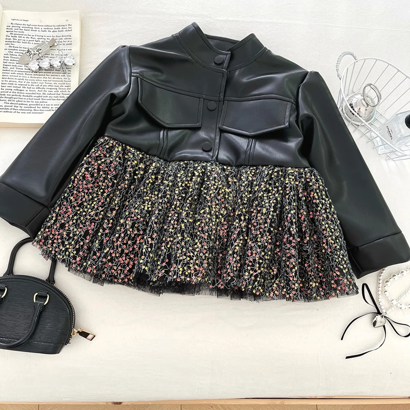New Girls Leather Jacket Spring Autumn Sequins Mesh Patchwork Artificial Leather Coat For Girls Fashion PU Overcoat 2-10 Years