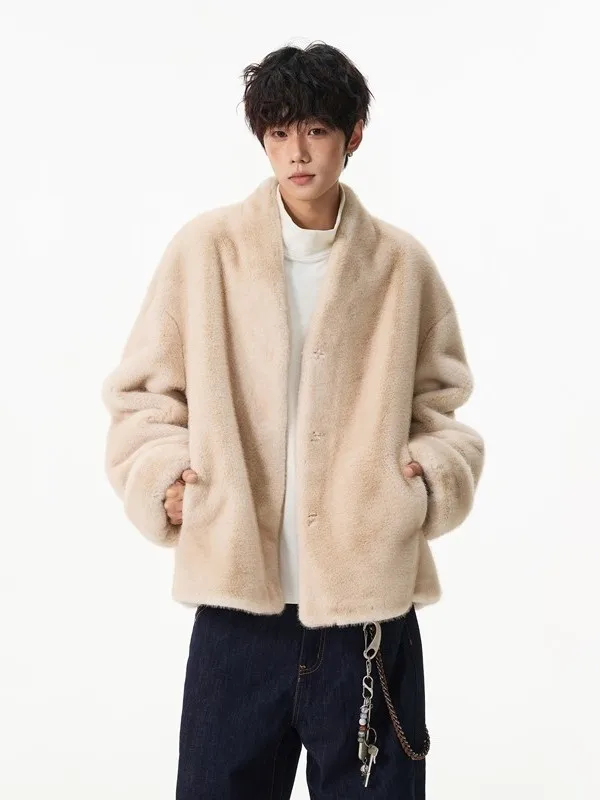 

Korean Sle Men's Winter Coat Mink Fur Vintage Inteated Velvet Lightweight Luxury Warm Cotton Jaet for Couples