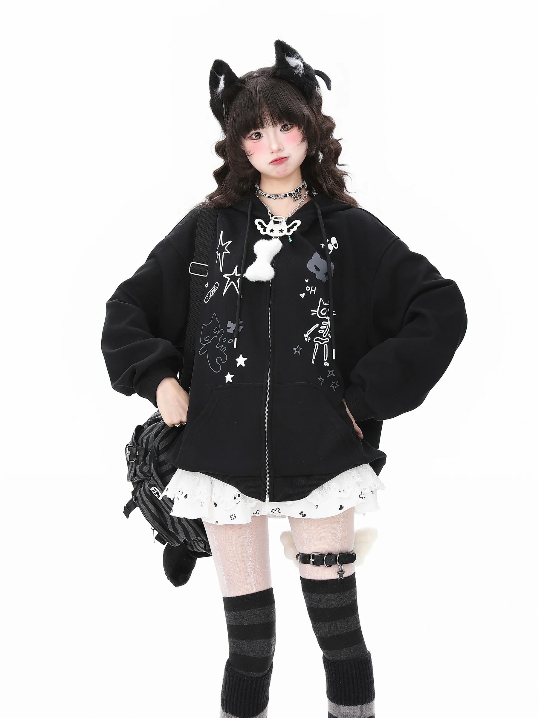 2025 Spring and Autumn New Japanese Style Cute Gray and Black Cat Print Loose Casual Hooded Sweatshirt Cardigan Jacket