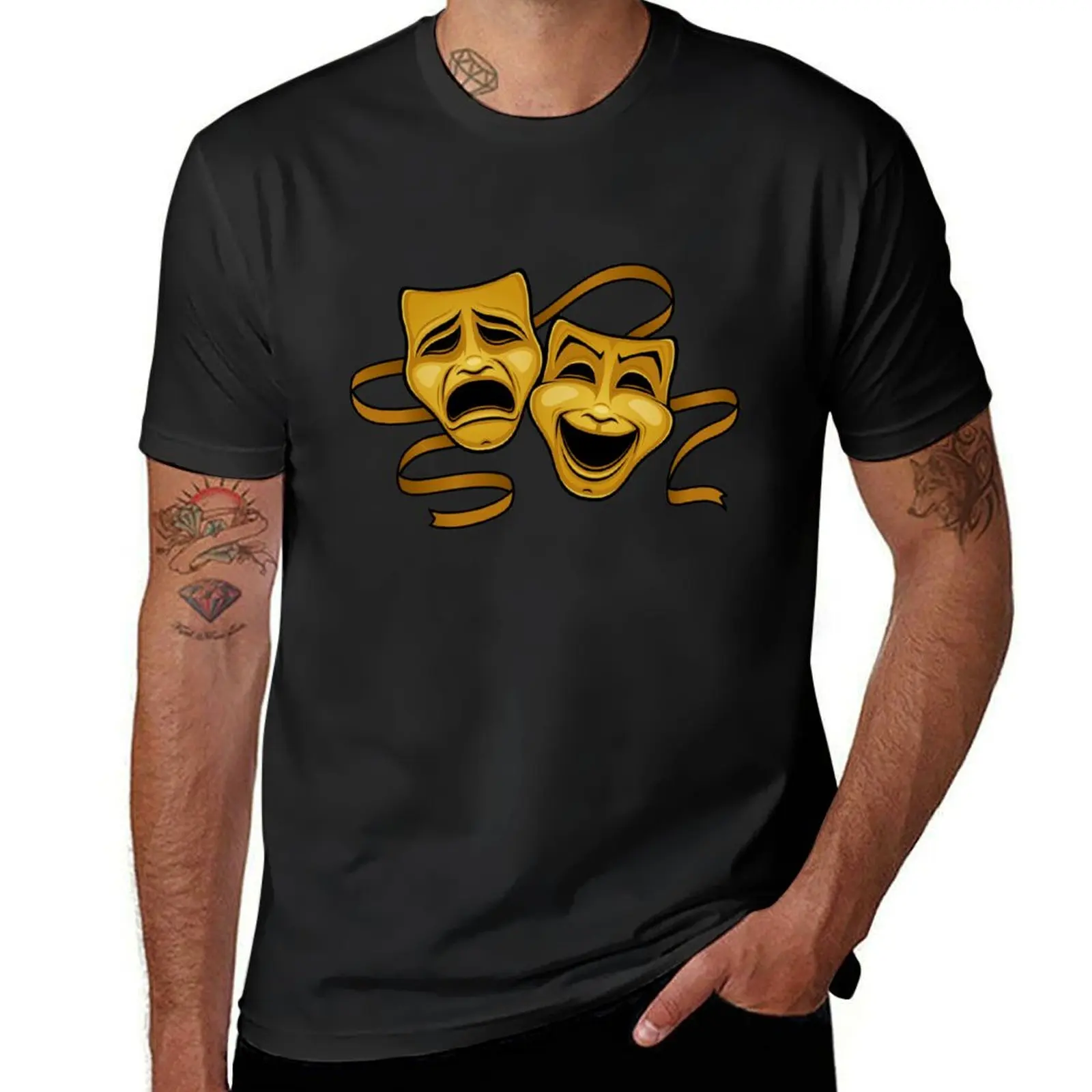 Gold Comedy And Tragedy Theater Masks T-Shirt oversizeds tees anime mens cotton t shirts