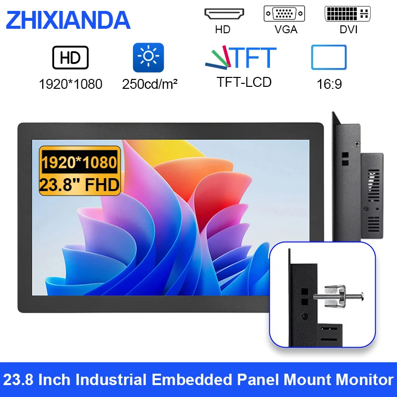 

23.8 24 Inch 1920*1080 Capacitive/Resistance Touch Screen Monitor Panel Mount Embedded Industrial Displaly With HDMI VGA DVI