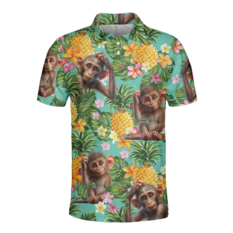 Hip Hop Hawaiian Monkey 3D Print Polo Shirts For Men Clothes Harajuku Fashion Short Sleeve Funny Animal Lapel Polo Shirt Tops