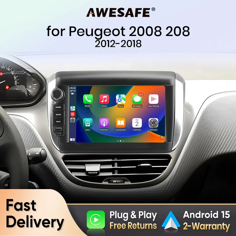 AWESAFE Bezprzewodowy CarPlay Android Auto dla Peugeot 2008 208 2012-2018 Radio Samochodowe Odtwarzacz Multimedialny Stereo Wi-Fi Nawigacja GPS 2 Din Autoradio Inteligentne Systemy Samochodowe IPS