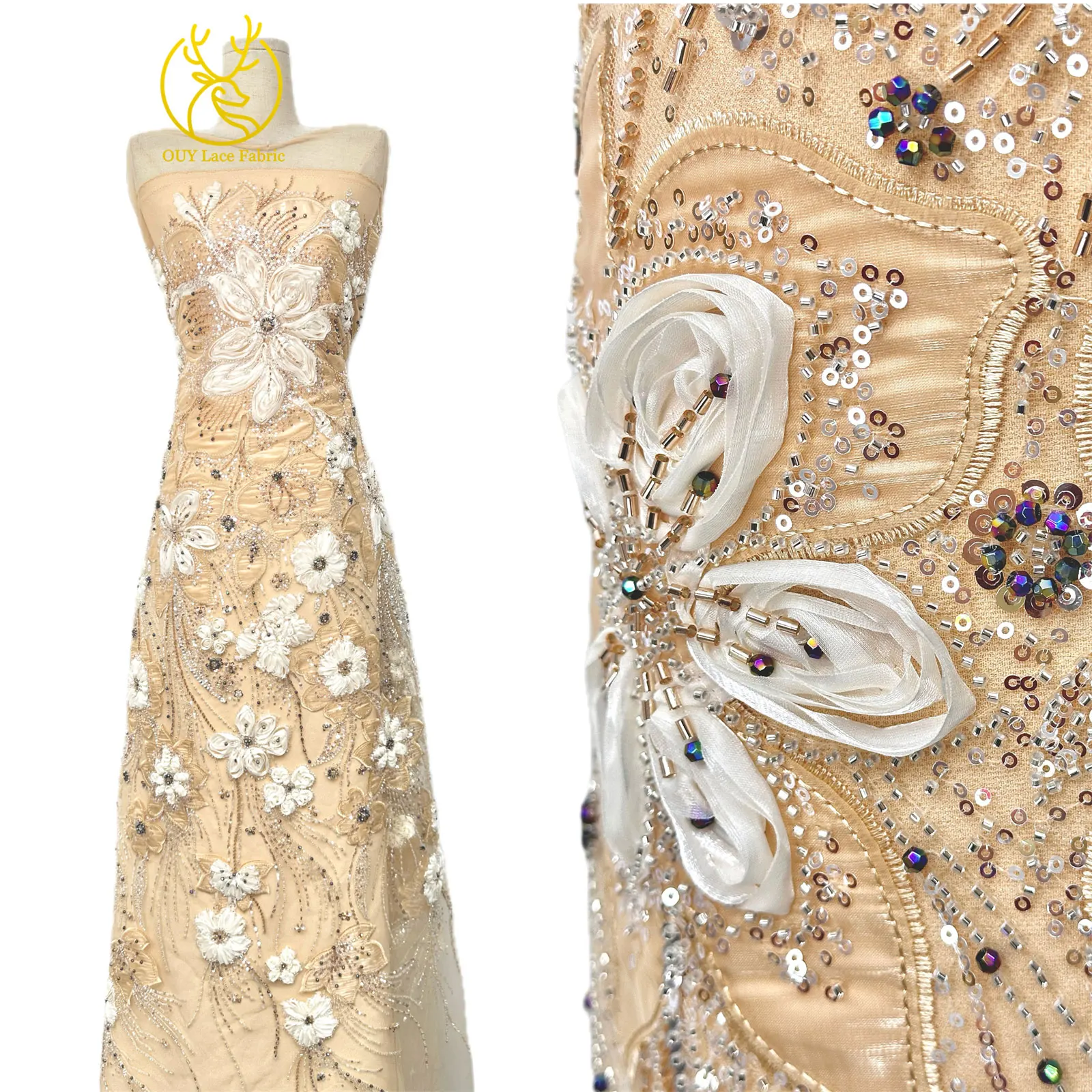 3D-Blumen-Tüll, afrikanischer Spitzenstoff, eleganter französischer nigerianischer Perlen-Pailletten-Mesh-Spitzenstoff für Damen, Hochzeitskleid-Design-Stoff – Detail 5
