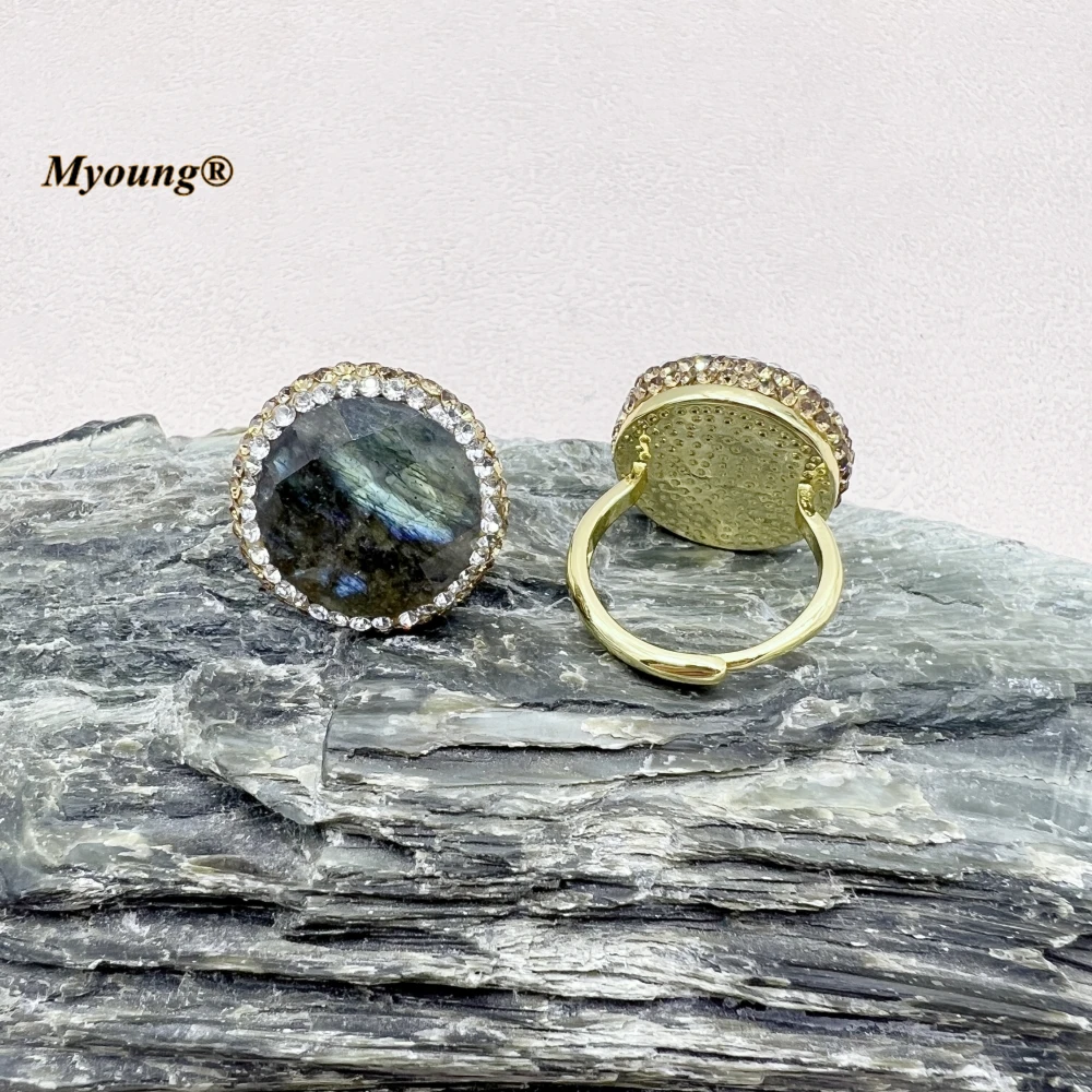 

Pure Gold Color Plated Rhinestone Paved Round Natural Flash Labradorite Moonstone Adjustable Rings For Women MY230510