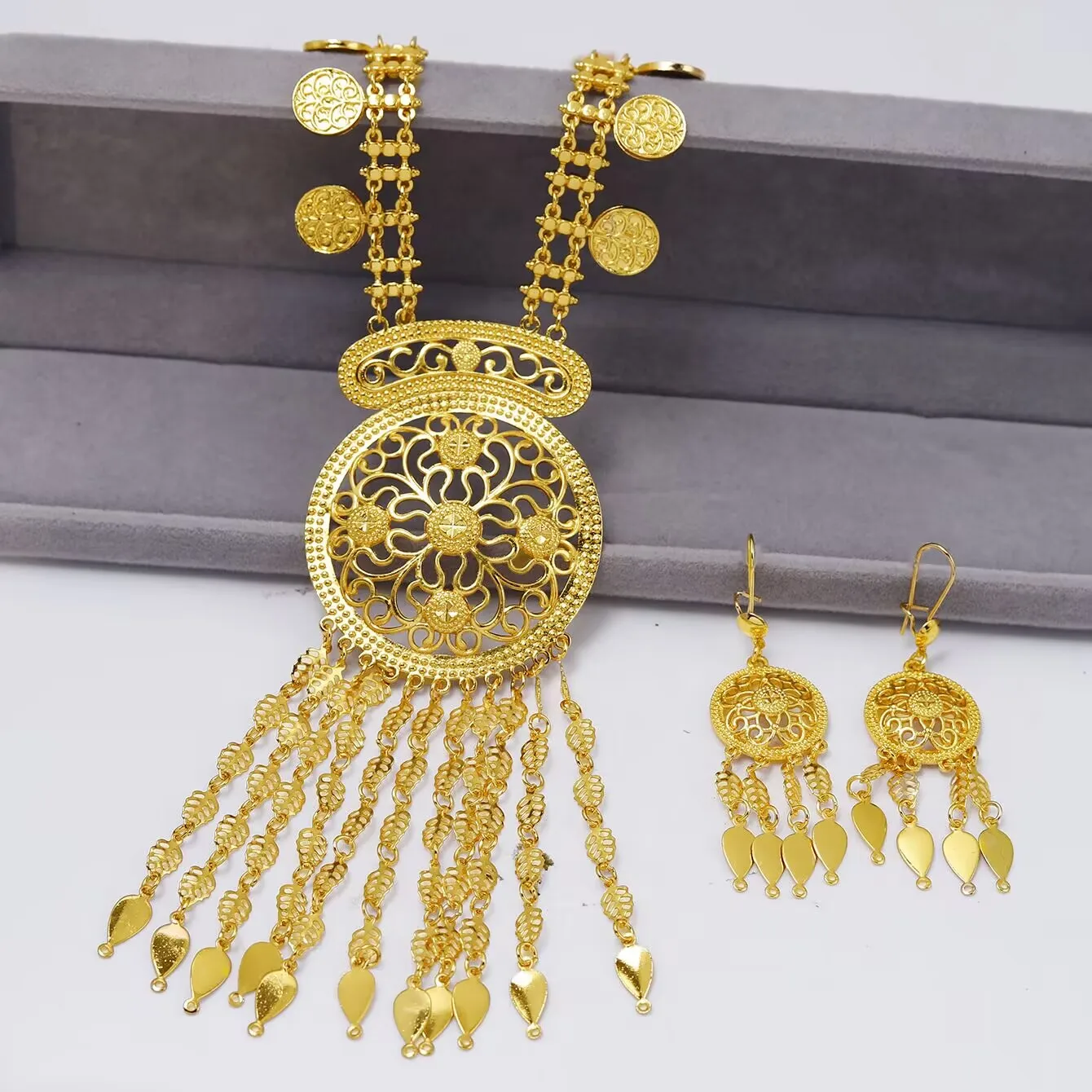 

New Dubai Nepal Spain 24K Gold Plated Alloy Necklace Earrings Engagement Party Jewelry Set Gift for Women YY10678