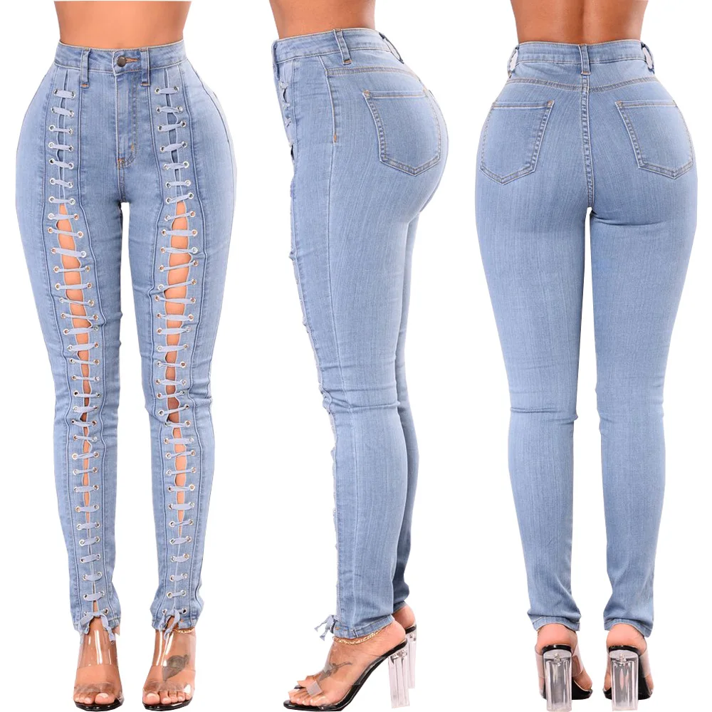 Summer New Bandage Sexy Hollow Skinny Denim Trousers Ladies Jeans Women's Clothing