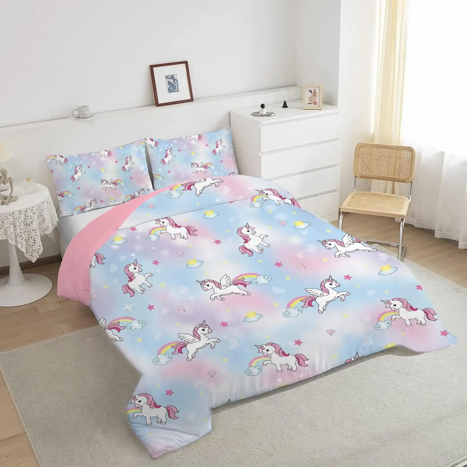 Unicorn Bedding for Girls Pink Blue Bedding Set Microfibre Duvet Cover 2 Pillowcases 3D Printing Crown Auspicious Cloud Pattern