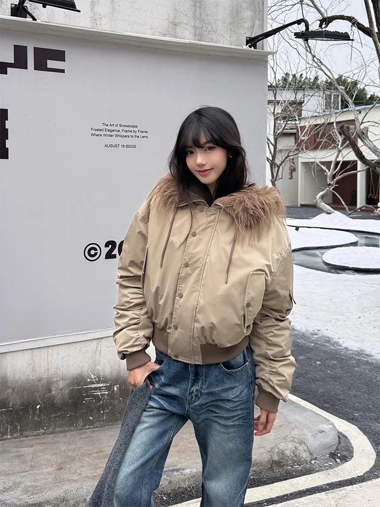 URKR Street Retro Abrigo de piloto con capucha para mujer relleno de algodón Thiened American Sle ort algodón picante Jaet cálido largo Sve