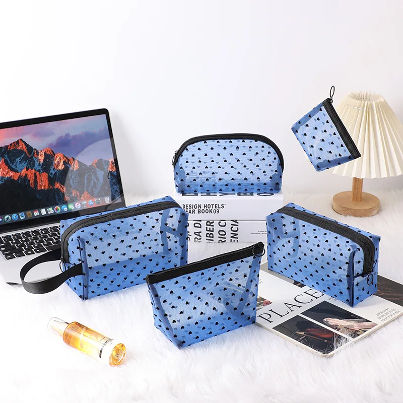 Heart-Shaped Nylon Mesh Cosmetic Bag Portable Toiletry Organizer Makeup Bag Multifunctional Women Lipstick Key Coin Purse Pouch