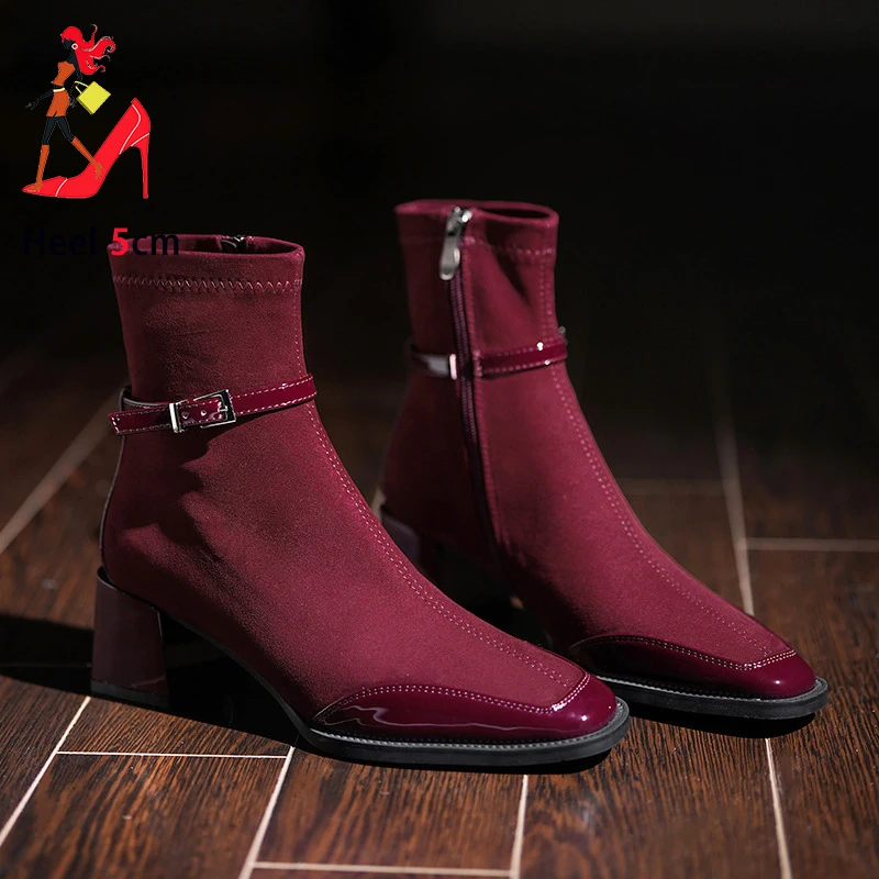 Women Slim Short Boots Hot Sell 2024 Autumn New Office Shoes 5CM Square Heel Lady Dating Suede Ankles Boots Elegant Female Shoes