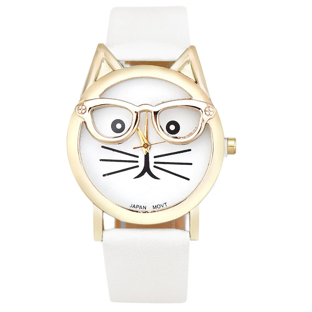 Relojes de cuarzo con correa de cuero para Mujer y niña, relojes de pulsera informales con diseño de gato y gafas bonitas, a la moda