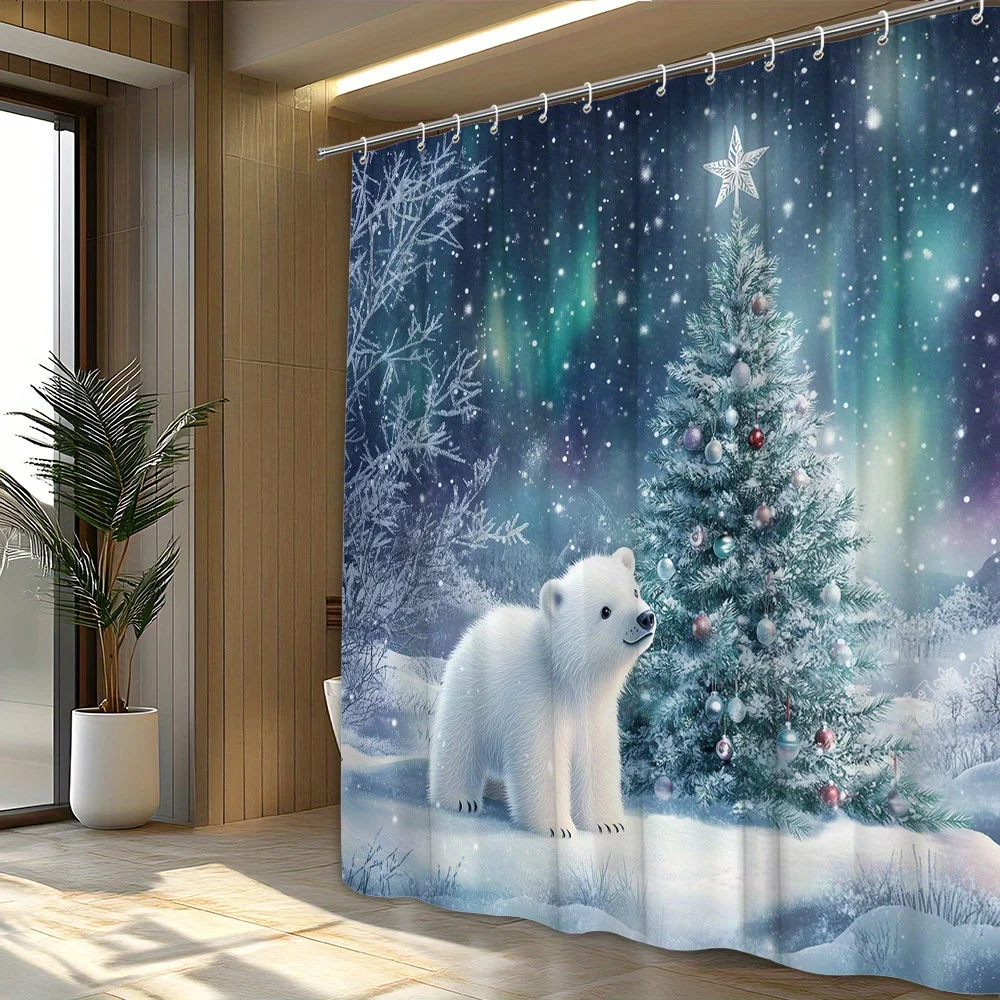 1pc Christmas Shower Curtain, Polar Bear Christmas Tree Aurora Winter Scene, With 12 Hooks, Festive Bathroom Decor