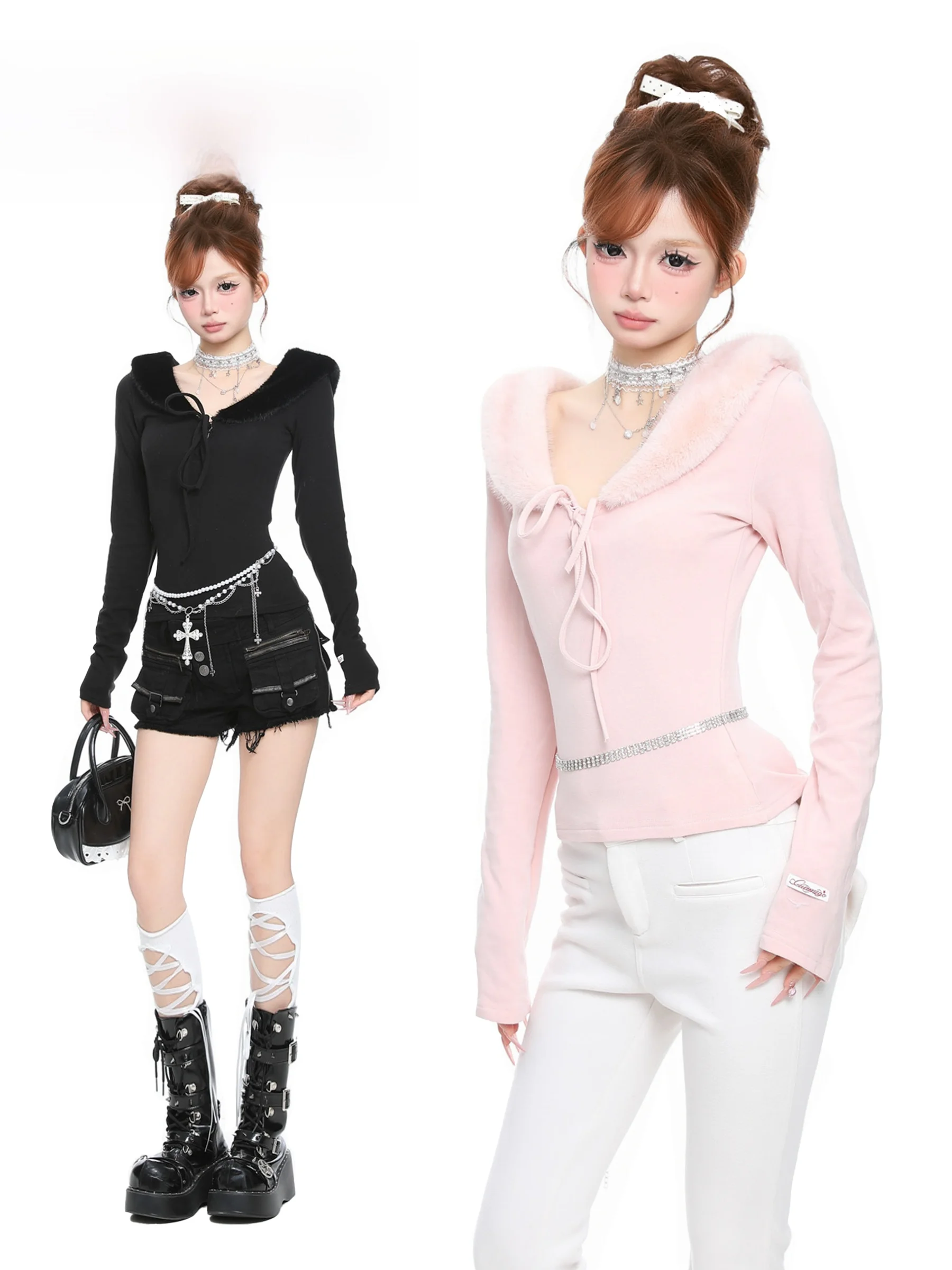 Basterds Pure Desire Style Women's Long Sleeve T-shirt V-neck Splice Fur Collar Tie Spring Autumn Slim Fit Base Shirt Top
