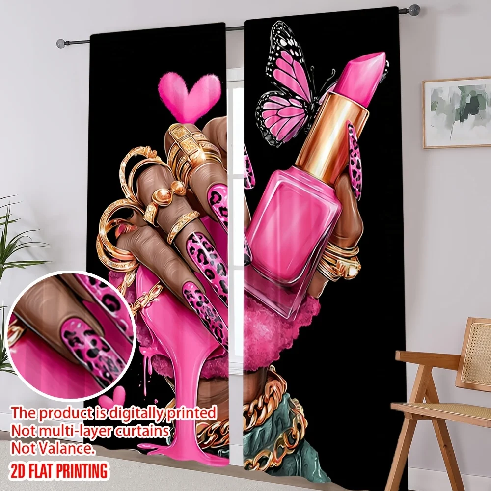 Glamour Makeup Art Curtain Black Background Fashion Vanity Room Decor Aesthetic Printed Window Curtain