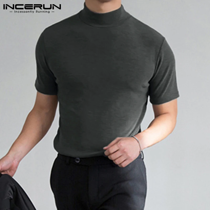 2024 Men T Shirt Solid Color Turtleneck Short Sleeve Fitness Casual Men Clothing Streetwear Leisure Thin Camisetas S-5XL INCERUN