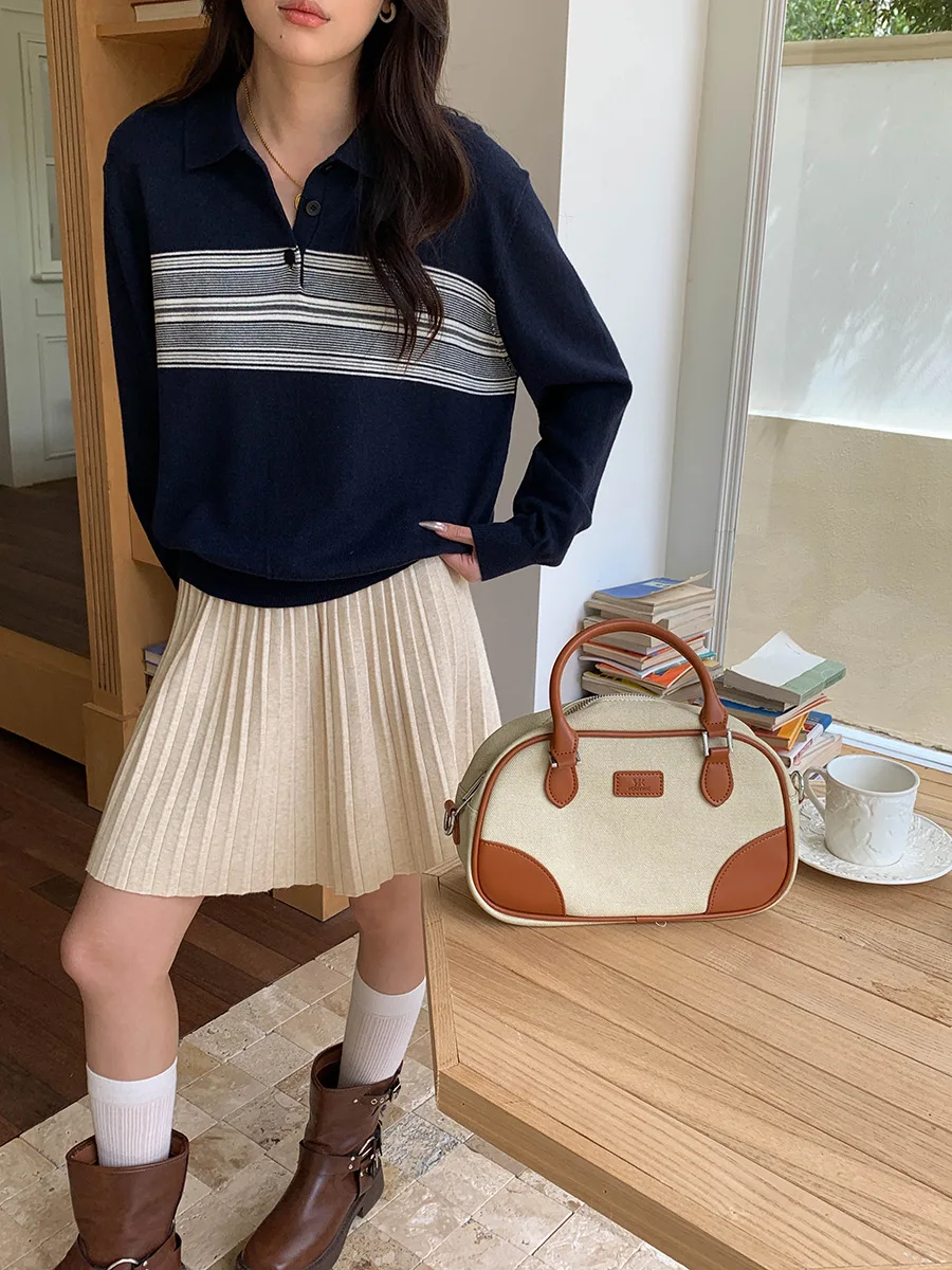 Sweter longgar lengan panjang kerah bergaris kasual wanita musim gugur dan musim dingin