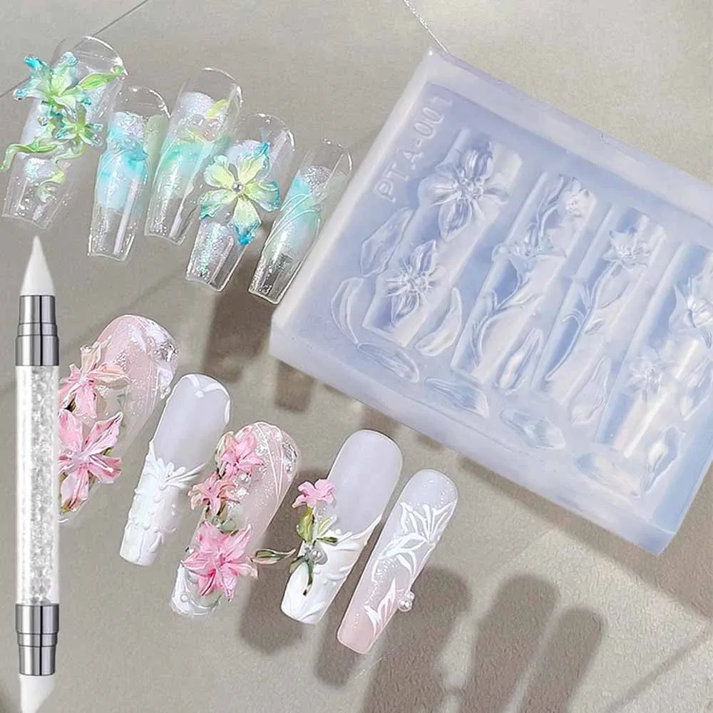 2 unids/set 3D tallado curvado flor de lirio molde de uñas plantilla de silicona transparente arte de uñas plantilla Floral con pluma tallada herramientas de manicura