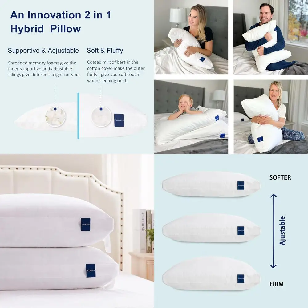 

King Size Hybrid Memory Foam Pillows - Set of 2, Adjustable Loft, Fluffy Cotton Covers, Ideal for Side and Back Sleepers