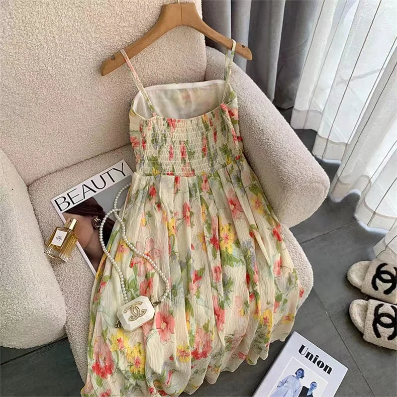 Japanese Fashion sweeet Pleated floral print Asymmetry dress girl Boho beach Fairy Dress beige printed long maxi dress Vestidos