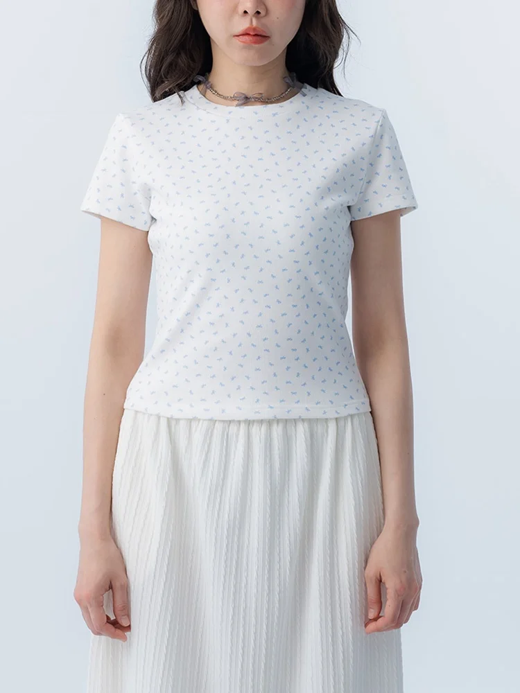 

Queenshop Spring Summer New Women's Fitted round Neck Top Knot Print Casual Cotton Polyester Blend Short Sleeve