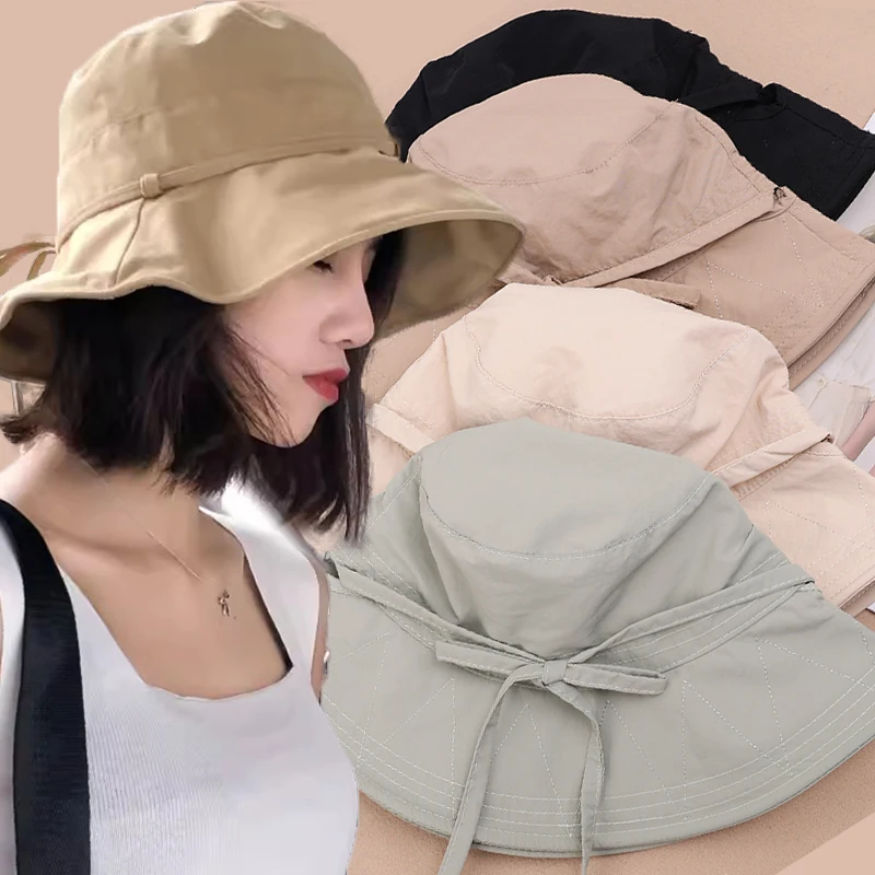 

Spring Summer Sweet Cool Quick Drying Lightweight Casual Portable Tethered Bucket Hat Korean Simple Bow Large Eaves Sunshade Cap